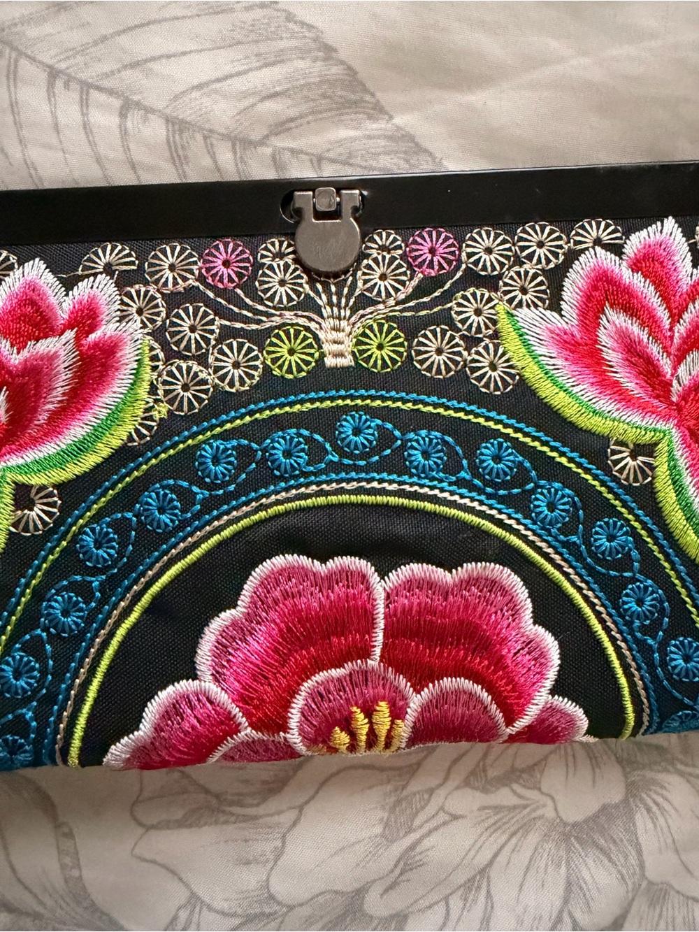 Embroidered Floral Clutch Bag in Black and Pink - Picture 4 of 8